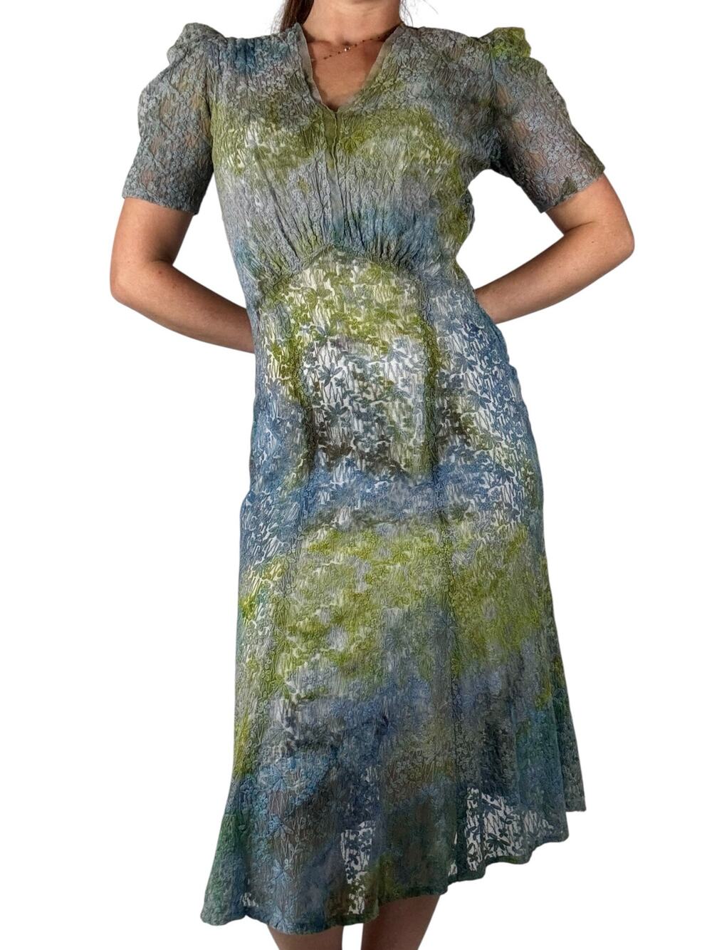 Antique 1930s 1940s Hand Dyed Blue Green Lace Dress